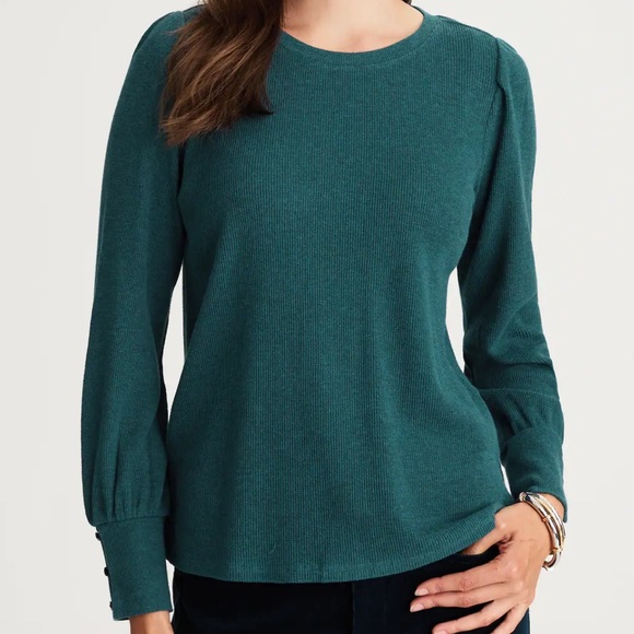 J. Jill Tops - J. Jill Buttoned-Cuff Waffle Top in Dark Sea Heather Teal Size Medium Petite NEW